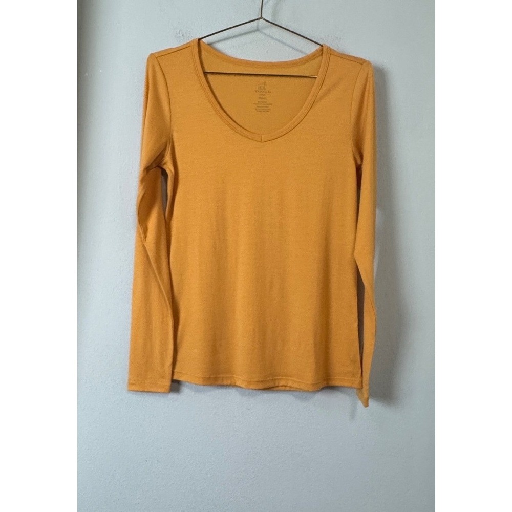 Woolx Layla Long Sleeve Merino Blend V Neck Top Mustard Yellow Gold Heather NEW